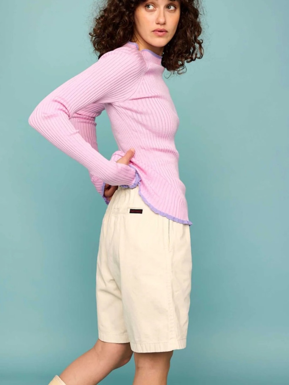 moo knit ulla signature ribbed Long-Sleeve Top in Light Pink m